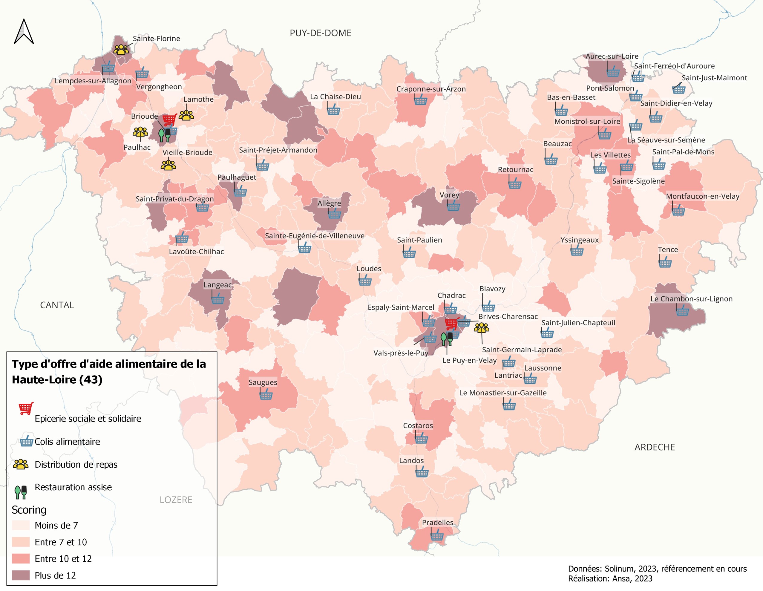 Carte représentant les différents types d'offre alimentaire en Haute-Loire : épiceries sociales et solidaires, distributions alimentaires, colis alimentaires...