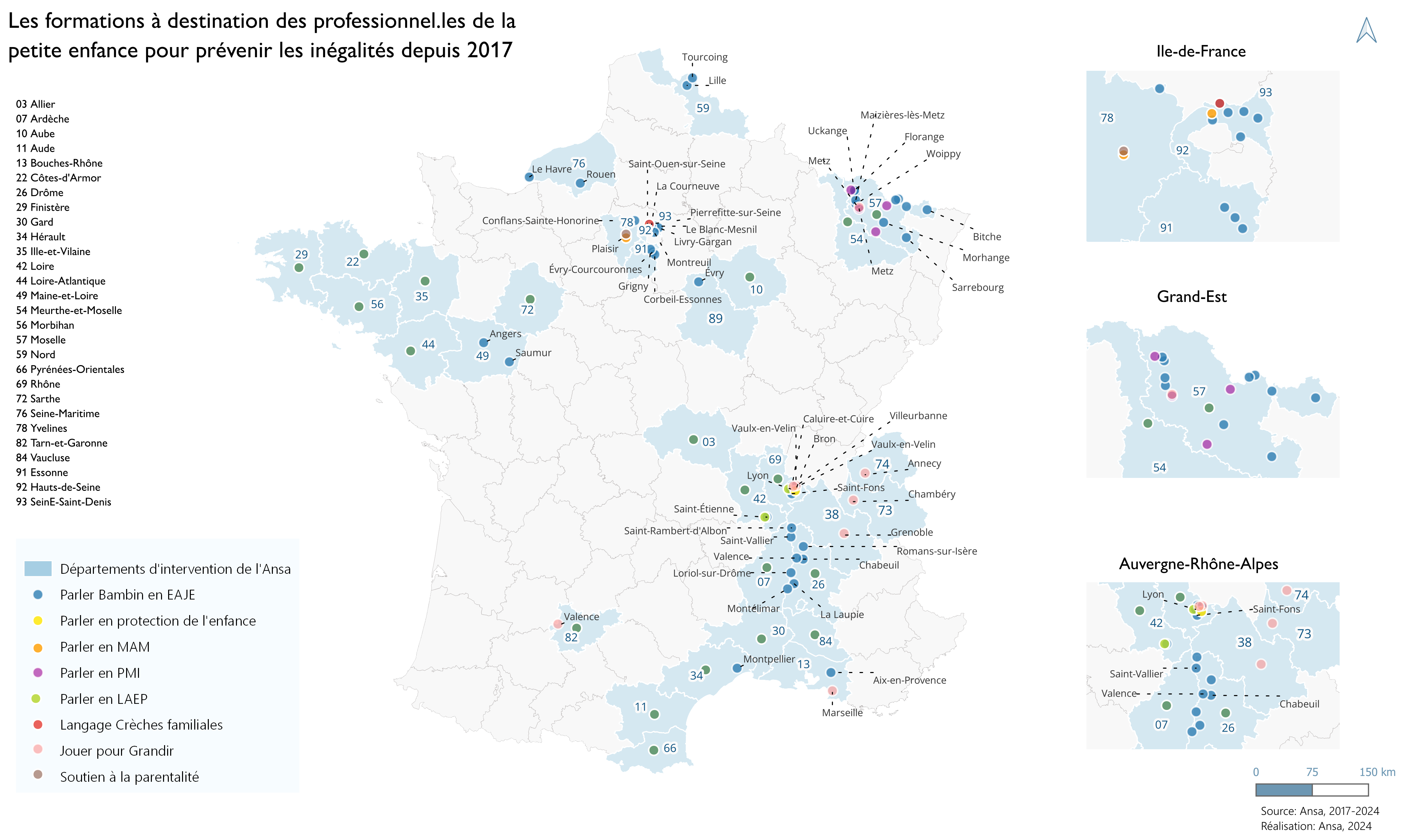 Carte des interventions de l'Ansa dans le cadre des formations petite enfance